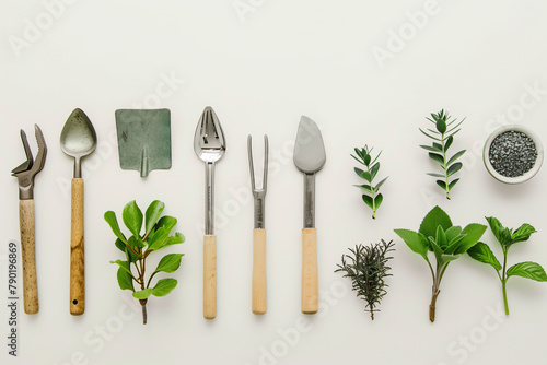minimalist composition showcasing the tools of a gardener neatly arranged against a white background, symbolizing the organization and precision required for the job. photo