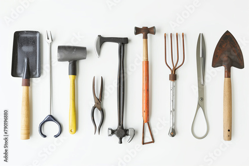 minimalist composition showcasing the tools of a gardener neatly arranged against a white background, symbolizing the organization and precision required for the job.