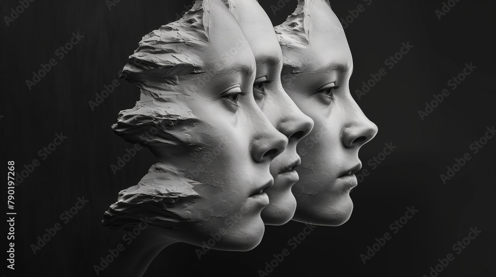 Abstract Sculpture of a Woman's Head, Surreal Statue, Black Background