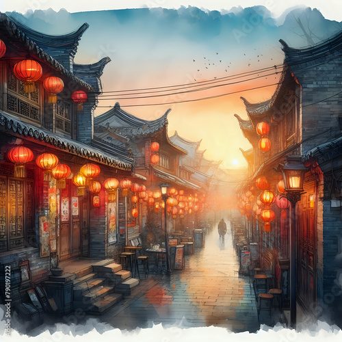 Watercolour image of an evening street in a Chinese city with traditional Chinese lanterns