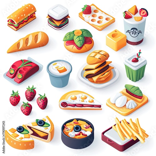 An appetizing collection of isometric 3D food icons, featuring an international assortment of dishes including sandwiches, sushi, and breakfast items, rendered with detail to whet the appetite.. photo