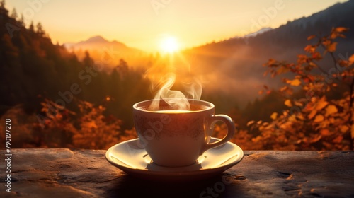 Hot coffee cup on table with beautiful mountain view, beverage background with nature photo