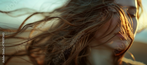 Beach Serenity, Close-Up of Wind-Swept Hair at Sunset