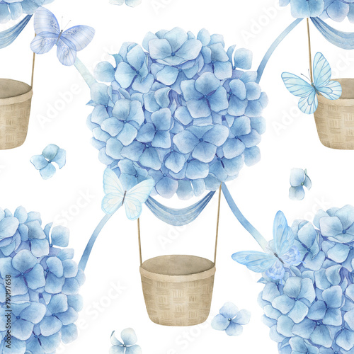 Watercolor pattern with blue aerostat balloon flowers and butterfly. Watercolor hydrangea. Floral ornamental print on white background. Hand drawn illustration