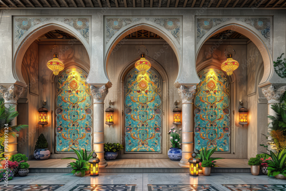 Moroccan style backdrop with gold and blue colors, large arched doorways with teal curtains, lots of golden lanterns, arabesque patterns. Created with Ai