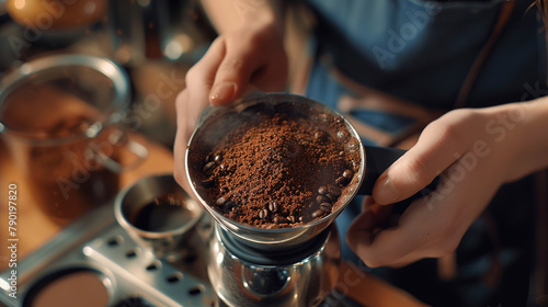 Female barista makes ground coffee in a portafilter with a tamper at a coffee shop. photo