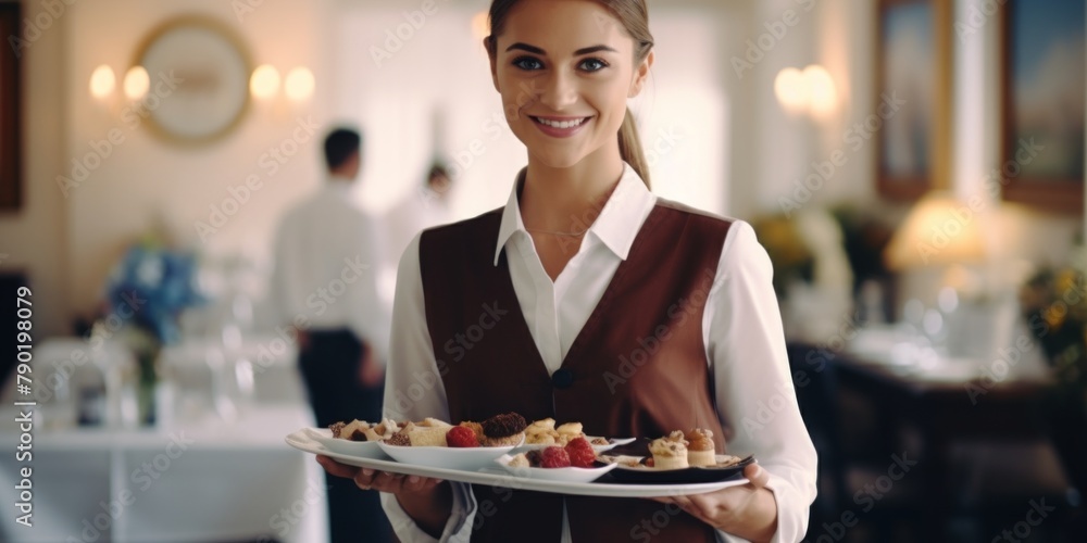 A girl waitress in a special uniform stands in a restaurant with a dish. Generative AI. A girl waitress in a special uniform stands in a restaurant with a dish. Generative AI.