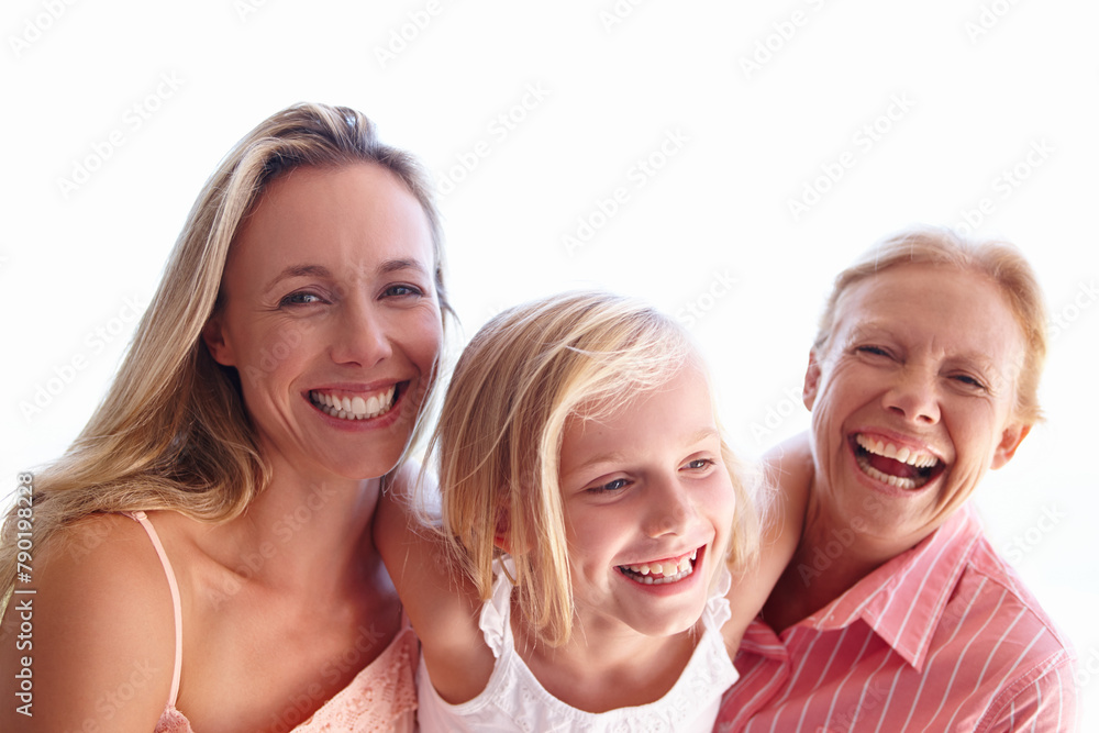 Mom, daughter and grandmother in portrait with smile for bonding with laughing, child development and happiness. Mother, girl and grandma with love for memories with relaxation with generations Mom, daughter and grandmother in portrait with smile for bonding with laughing, child development and happiness. Mother, girl and grandma with love for memories with relaxation with generations