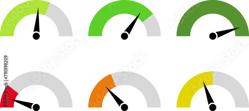 Dashboard colorful speedometer icons set. Tachometer icon isolated. Performance indicator sign. Car speed. Fast internet speed sign. Tachometer, speedometer, indicators, score. Customer satisfaction. © Volodymyr