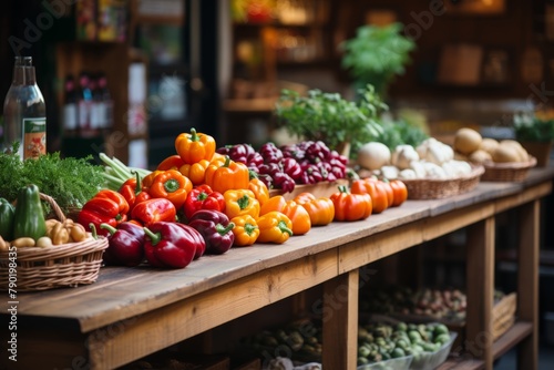 Blurred and bright interior of a spacious open grocery store with out-of-focus background
