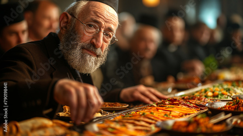 3. Symbolic Seder: In a warmly lit dining room adorned with symbolic Passover elements, a Rabbi guides his congregation through the ceremonial Seder meal. Each dish holds significa