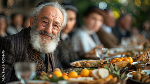 5. Generations United: With reverence and joy, a Rabbi leads a multigenerational Passover celebration, uniting young and old in a shared expression of faith. Families gather around