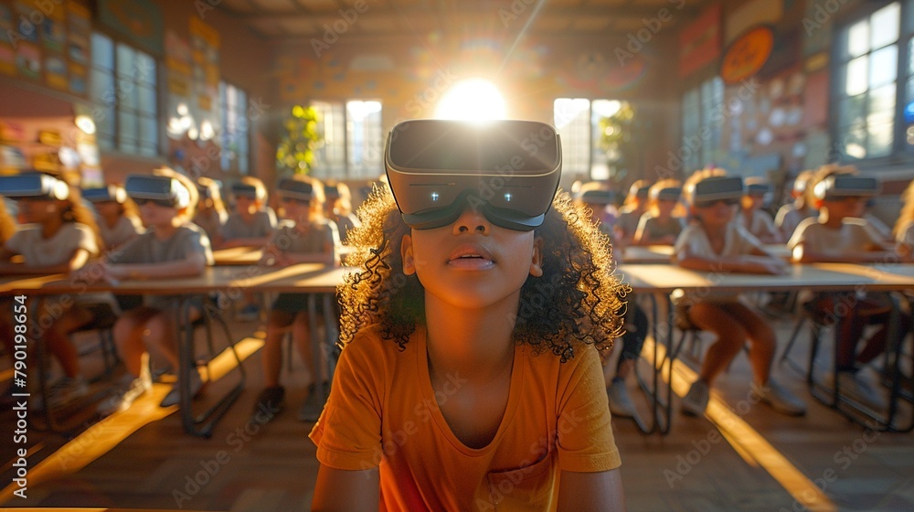 Students using AR for learning, simple modern classroom, clear morning light Sharpening Students using AR for learning, simple modern classroom, clear morning light Sharpening