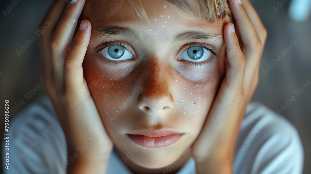 Youthful Despair: Close-Up Portrait of 10-Year-Old White Boy with Blue Eyes, Hands on Head, Youth Mental Health
Youthful Despair: Close-Up Portrait of 10-Year-Old White Boy with Blue Eyes, Hands on Head, Youth Mental Health