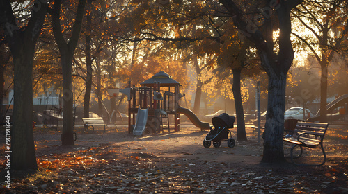 Indistinct view of a youngster’s recreation area with a climbing frame and play materials in the middle on an autumn dawn. A stroller is discernible near some orange oaks. with kids messing around it photo