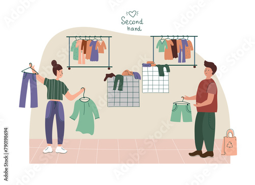 Man and woman customer buying clothes.  Couple shopping in flea market or second hand shop. Eco sustainable fashion concept