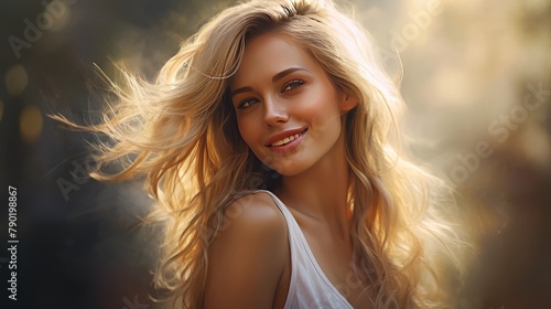 Close-up portrait of a smiling blonde model with natural makeup
