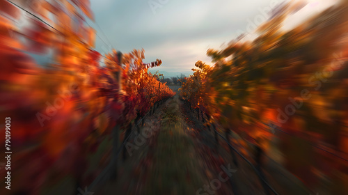 Mesmerizing blurred vista of an autumn setting in the vineyard with ripe grapes and vines. afternoon sky. Centered focus for peak sharpness. No blur in the focused area. Blurred perimeters