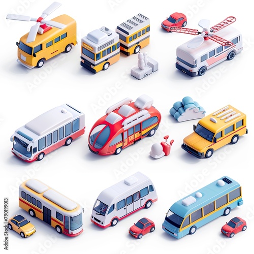 A colorful and clean set of 3D isometric icons representing a variety of public transportation vehicles including buses and vans, in a flat design style..