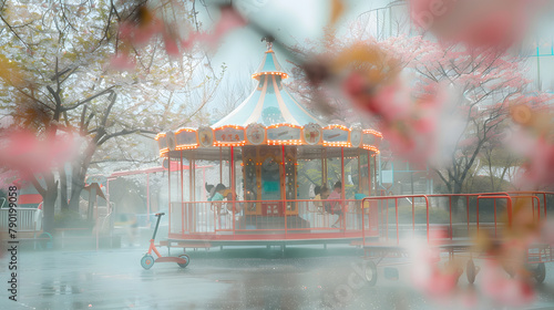 Misty image of a tot’s playground with a merry-go-round and play instruments in the nucleus on a summer day. A push scooter is visible near some pink cherry blossoms. with kids cavorting around it.  photo