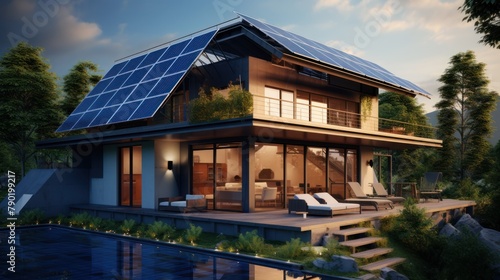 Modern house with solar panels installed on the roof. © CStock