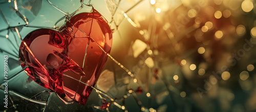Red heart shape is poignantly featured amidst shards of shattered glass, invoking a strong feeling of broken love. photo