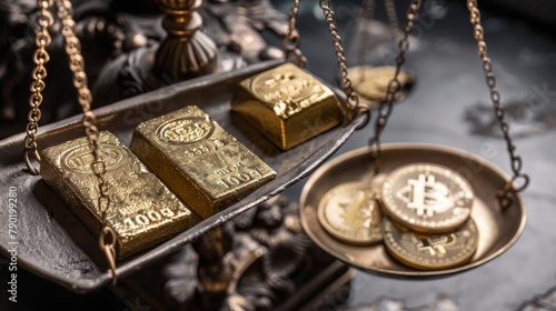 Vintage Scales Weighing Gold Bullion Against Bitcoin Coins, Illustrating the Economic Balance of Commodity and Cryptocurrency, Concept of Asset Valuation and Investment Risk 