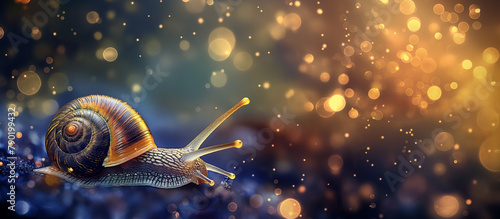 Lone snail with its glistening trail is captured against a backdrop of magical, sparkling lights at night.