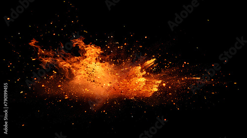 Orange flame burst isolated on black background. fiery blaze with sparks and embers in the air. Fire concept for design banner