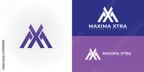 Abstract initial letter MX or XM logo in gradient blue-purple colors isolated on multiple background colors. The logo is suitable for business and consulting company logo icons to design inspiration