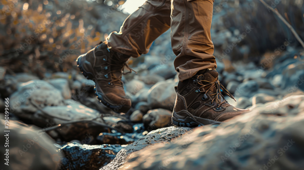 A person is walking on a rocky path wearing hiking boots. The boots are brown and have a rugged appearance. The person appears to be enjoying the hike and the outdoors A person is walking on a rocky path wearing hiking boots. The boots are brown and have a rugged appearance. The person appears to be enjoying the hike and the outdoors