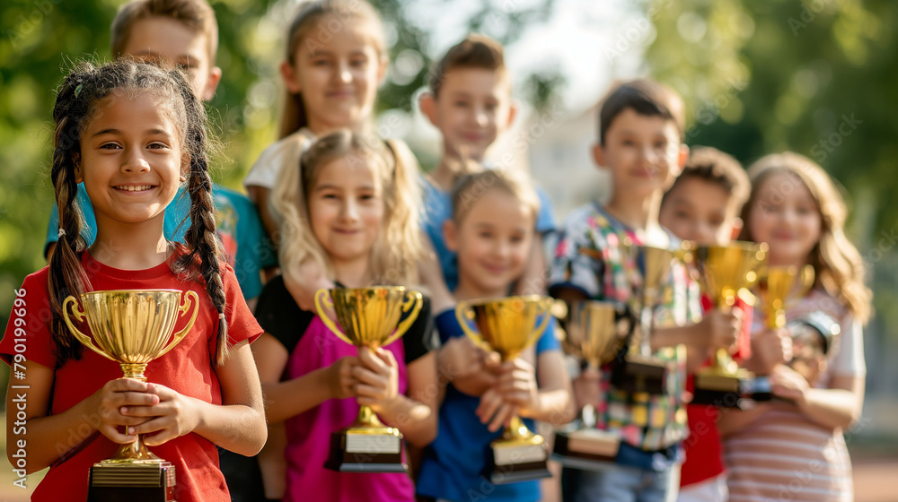 A group of children are holding trophies.

