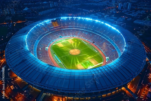 Un moderno estadio lleno de gente  visto desde arriba iluminado con luces neon azules en un evento importante  en la noche photo