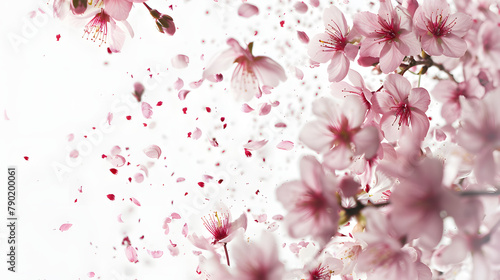 Pink cherry blossom rain isolated on white background. sakura petals falling with flowers and buds in the air. Spring concept for design banner