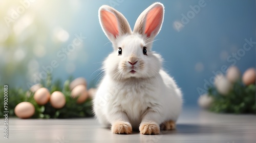 A photorealistic image of a cute white rabbit or bunny, smiling and laughing. The rabbit should have a fluffy fur texture, adorable ears, and a joyful expression. The background should be isolated wit