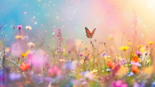Radiant blurred panorama of a spring scene in the meadow with wildflowers and butterflies. rainbow sky. Focus in the center for maximum clarity. No blur in the focal point. Softened peripheries photo