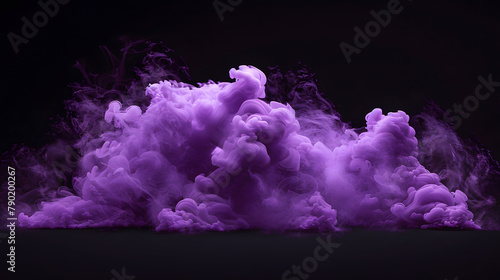Purple smoke cloud isolated on black background. violet fog with swirls and puffs in the air. Mystery concept for design banner