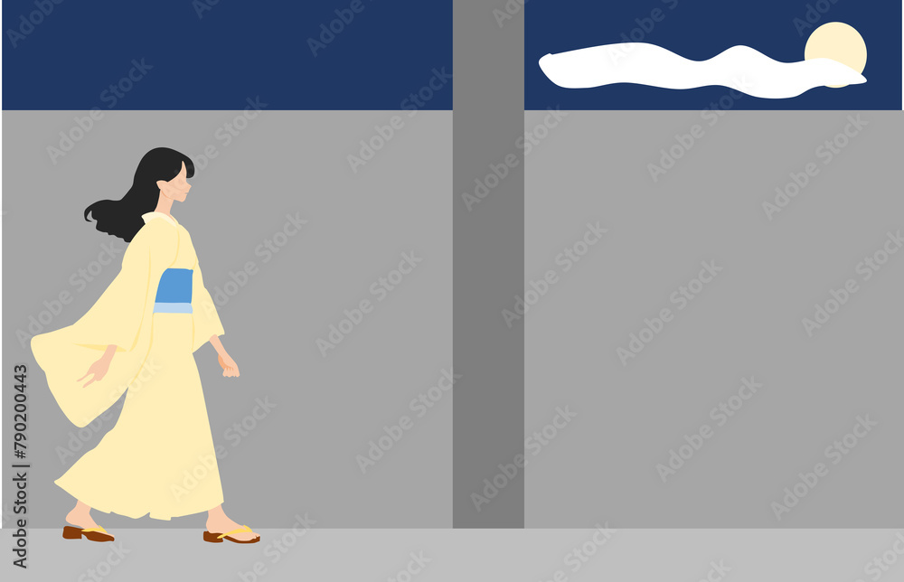 夜道を歩く着物を着た女性のイラスト 夜道を歩く着物を着た女性のイラスト