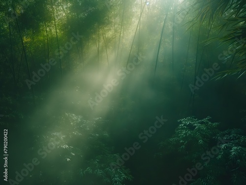 A forest with a lot of trees and a lot of sunlight. The sunlight is shining through the trees, creating a beautiful and serene atmosphere. The forest is lush and green, with a variety of trees