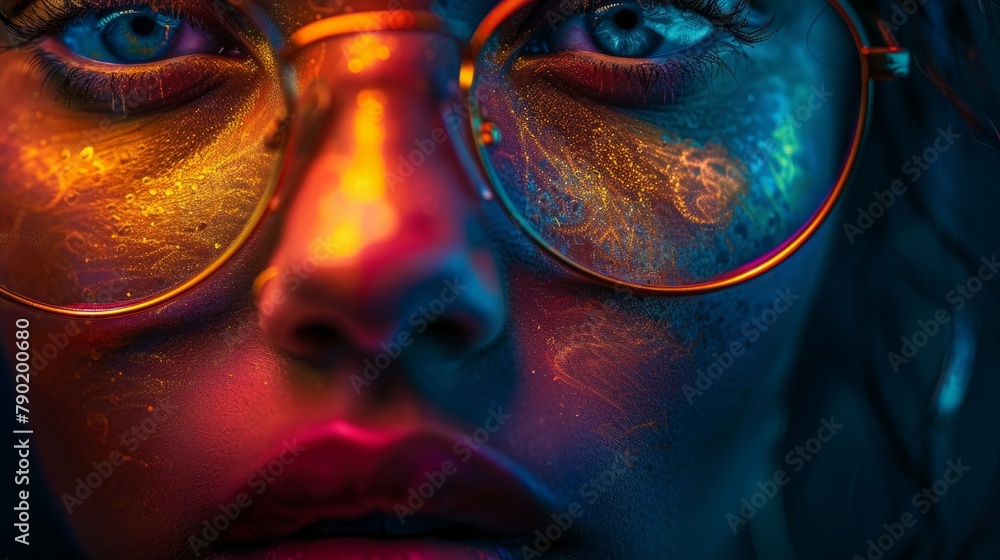Neon light studio close-up portrait of serious woman Neon light studio close-up portrait of serious woman