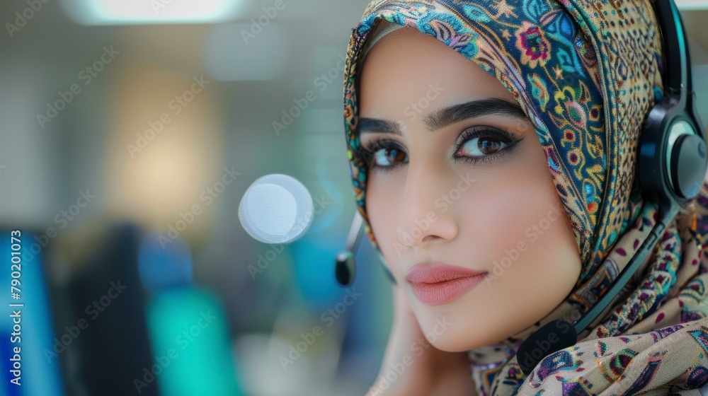 Muslim woman with hijab working in a call center with headphones in a studio in high resolution and high quality. Culture concept Muslim woman with hijab working in a call center with headphones in a studio in high resolution and high quality. Culture concept