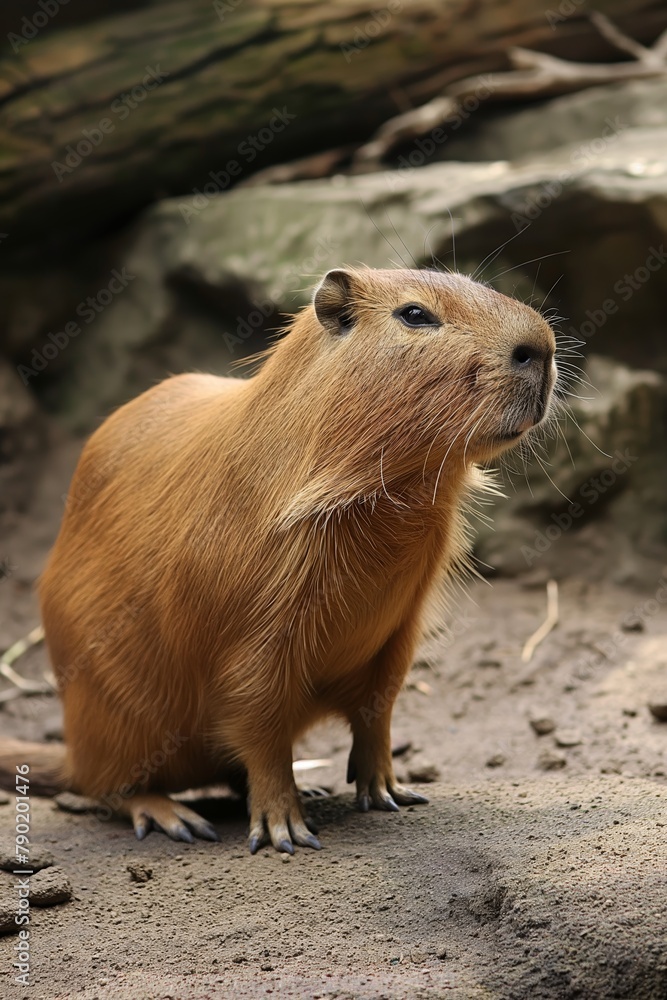 A capybara appears calm and pensive sitting on barren soil, with a thoughtful expression A capybara appears calm and pensive sitting on barren soil, with a thoughtful expression