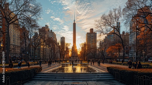 Craft a visually striking scene featuring a downtown monument photo