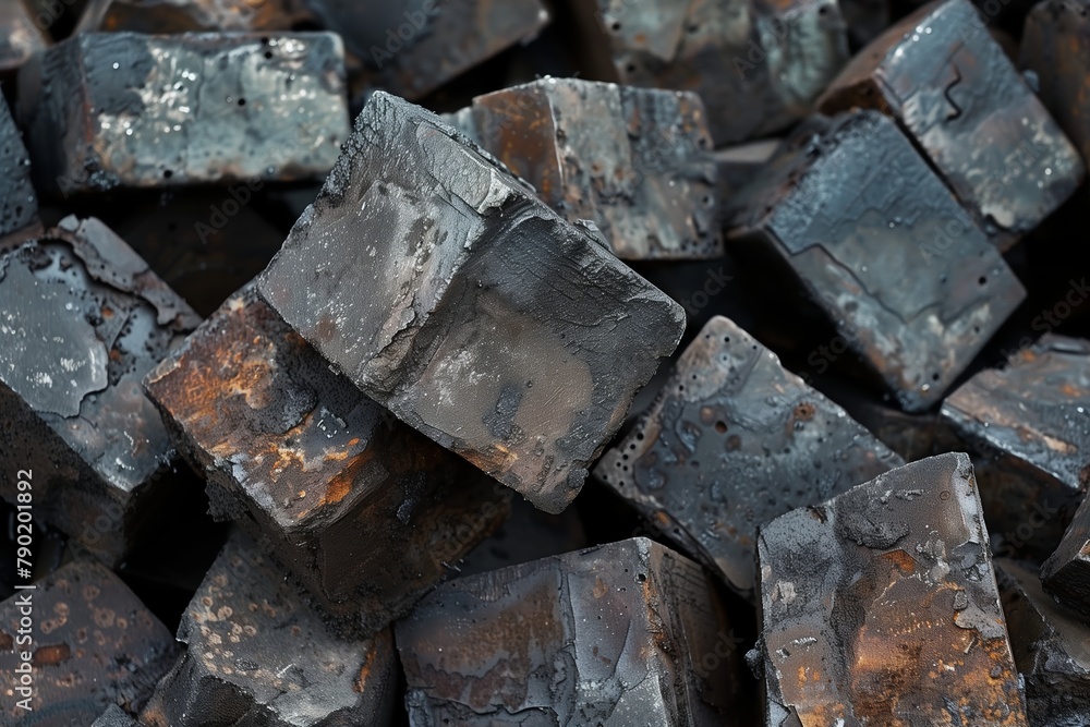 Close-up of metallic square ingots with patina Close-up of metallic square ingots with patina