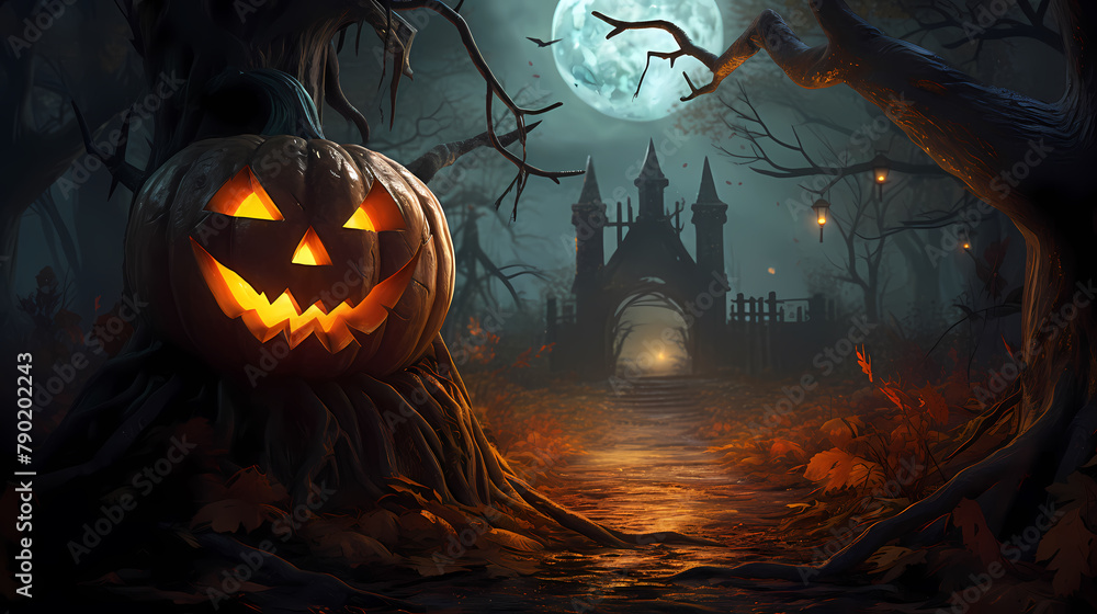 Halloween pumpkin with glowing face in dark forest Halloween pumpkin with glowing face in dark forest