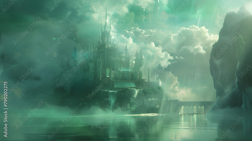 The emerald fortress in the cosmos. with silver light beaming on it and encased by vapors The emerald fortress in the cosmos. with silver light beaming on it and encased by vapors