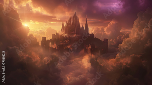 The bronze keep in the firmament. with violet light shining upon it and encircled by mists
