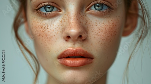 Close-up Portrait of Beautiful 20-Year-Old Ginger Woman with Blue Eyes, Freckles, Red Lipstick, Model