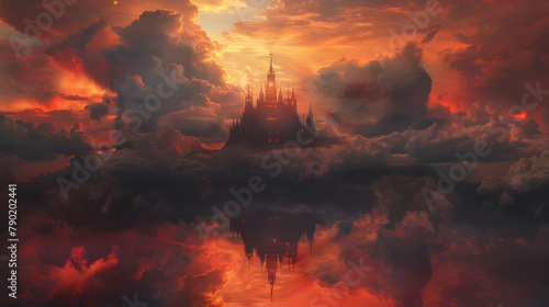 The obsidian castle in the sky. with bronze radiance illuminating it and surrounded by cloud banks © Oleksandr