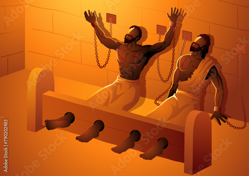 Biblical vector illustration series, Paul and Silas had a tough time in prison, but they stayed strong. Even though they were locked up, their strong faith in God gave them hope and light in the dark